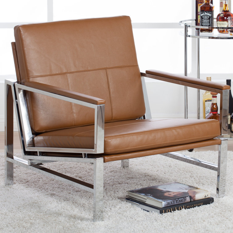 Sleek Chrome Frame Accent Chair with Caramel Faux Leather