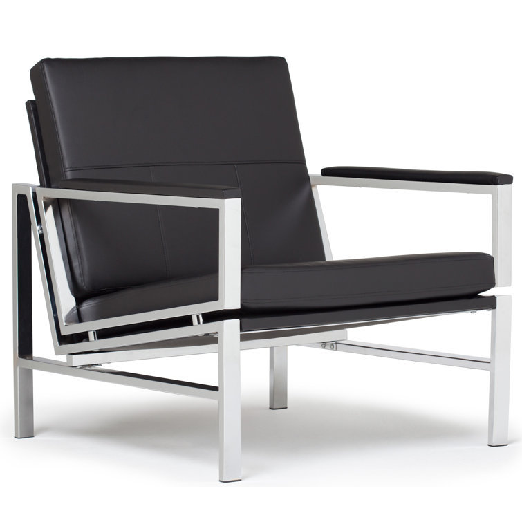 Modern Atlas Black Faux Leather Armchair with Chrome Metal Frame