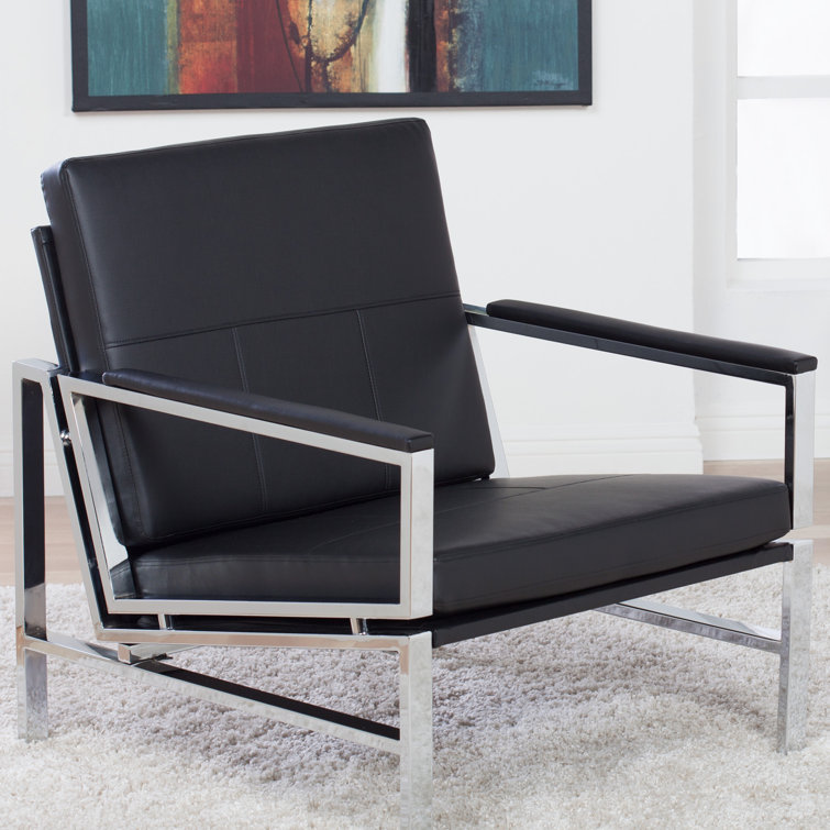Modern Atlas Black Faux Leather Armchair with Chrome Metal Frame