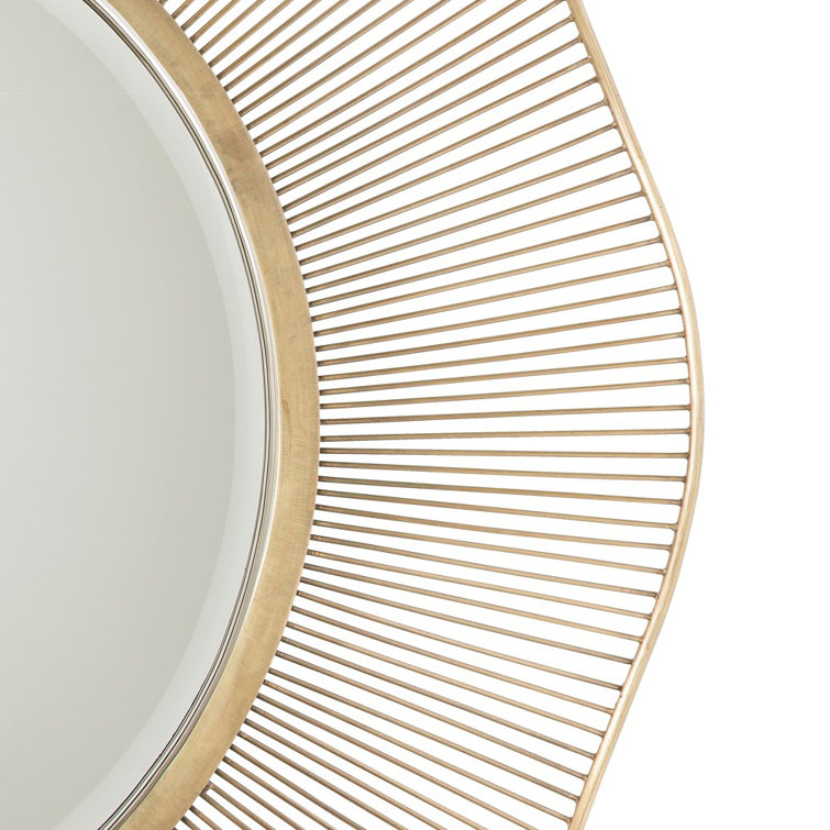 Antique Brass Round Beveled Wall Mirror with Wavy Wire Frame