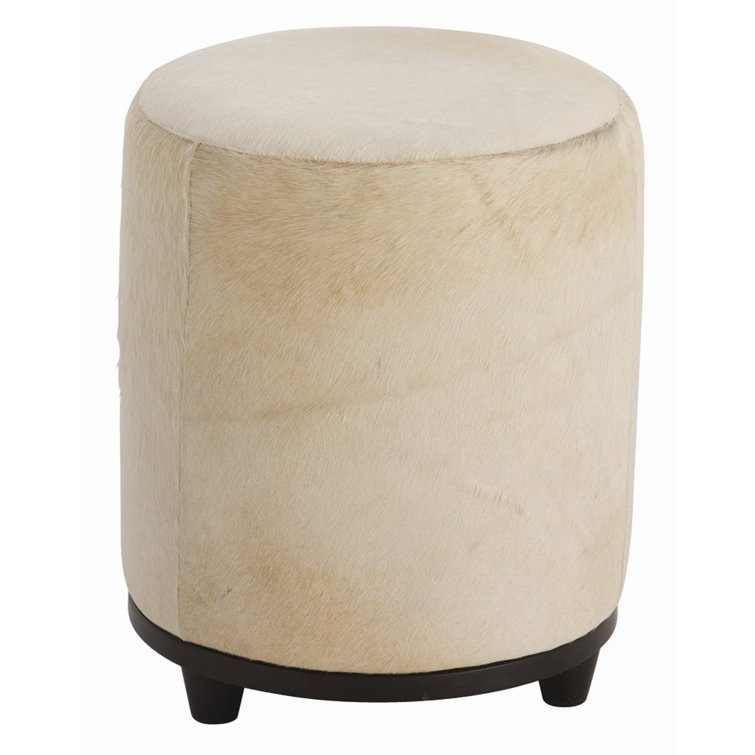 Elegant Off-White Hide Leather Round Ottoman with Ebony Wood Base