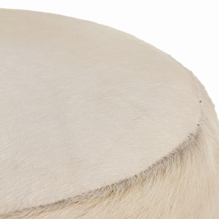 Elegant Off-White Hide Leather Round Ottoman with Ebony Wood Base