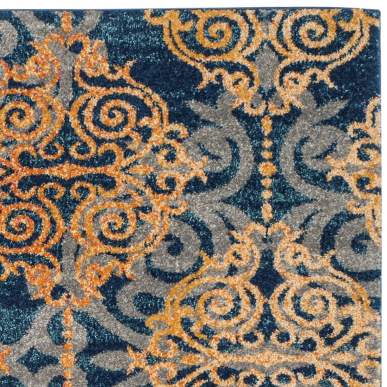 High Pile Blue and Orange Synthetic Boho Area Rug