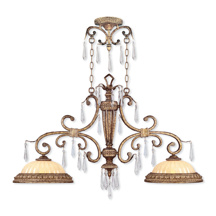Vintage Gold Leaf 2-Light Island Pendant with Crystal & Gold Dusted Glass