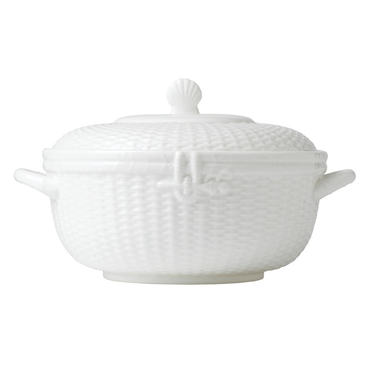 White Ceramic Basketweave Covered Vegetable Bowl, 61 oz