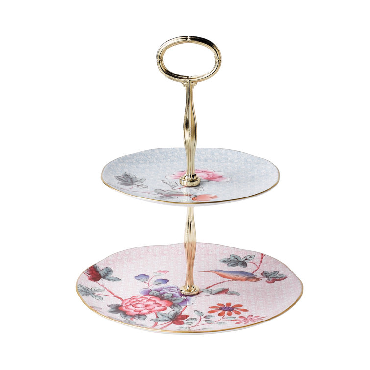 Cuckoo Floral Ceramic Two-Tier Cake Stand with Gold Accents