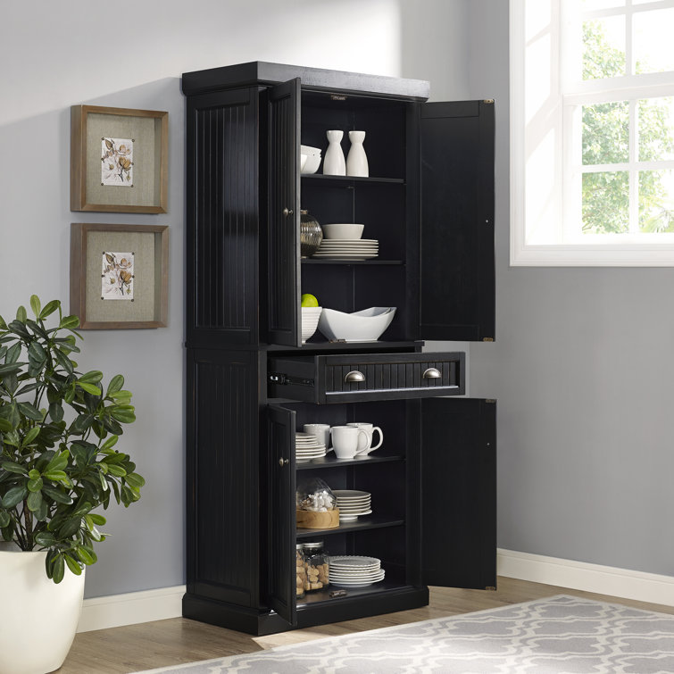 Seaside Distressed Black Solid Hardwood Coastal Pantry Cabinet