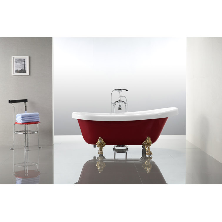 67" Red and White Acrylic Clawfoot Soaking Bathtub