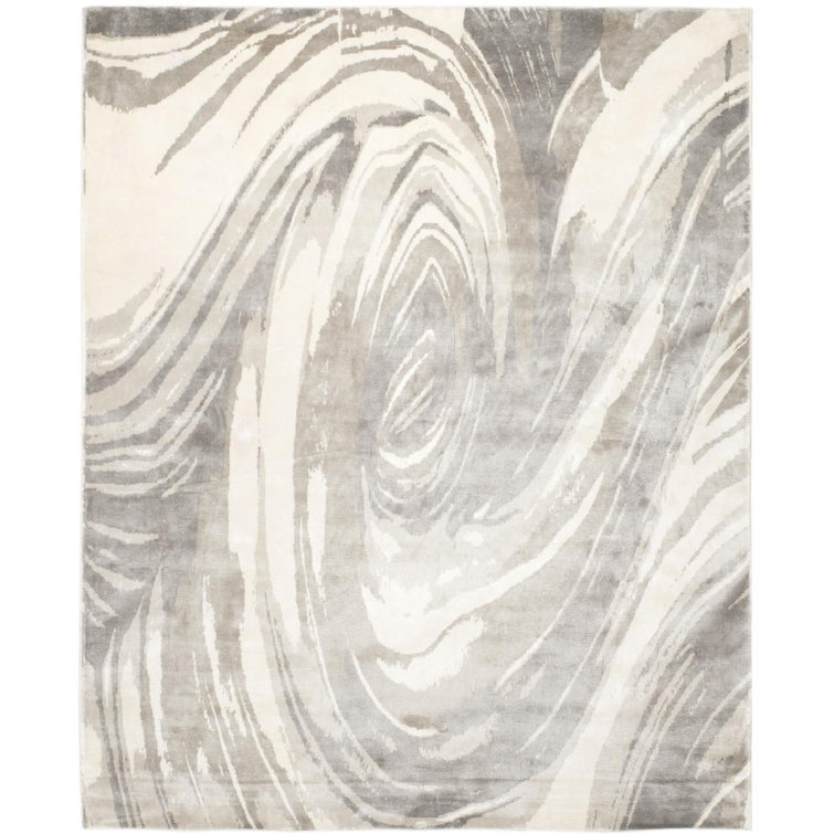 Ivory and Gray Hand-Knotted Wool Viscose 6' x 9' Rug