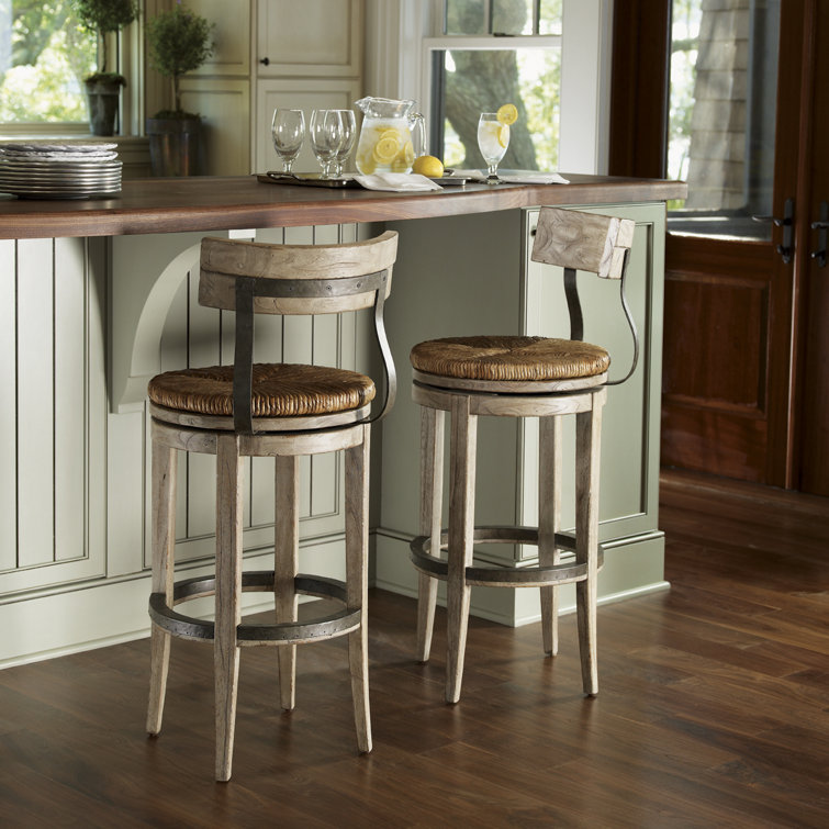 Rustic Driftwood Brown Swivel Bar Stool with Metal Accents