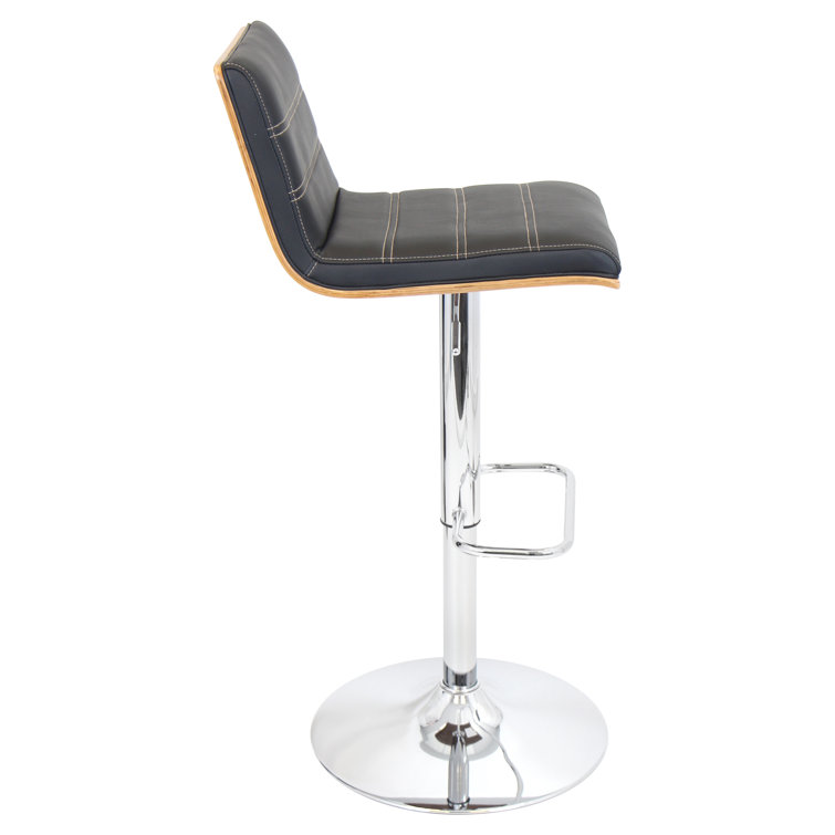 Vasari Adjustable Black Leather and Walnut Swivel Bar Stool