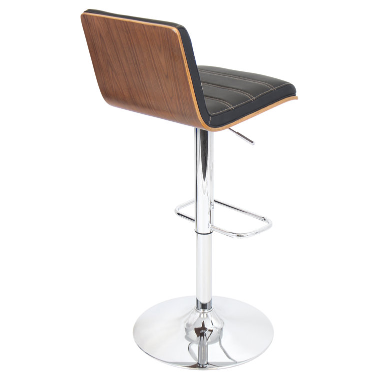 Vasari Adjustable Black Leather and Walnut Swivel Bar Stool