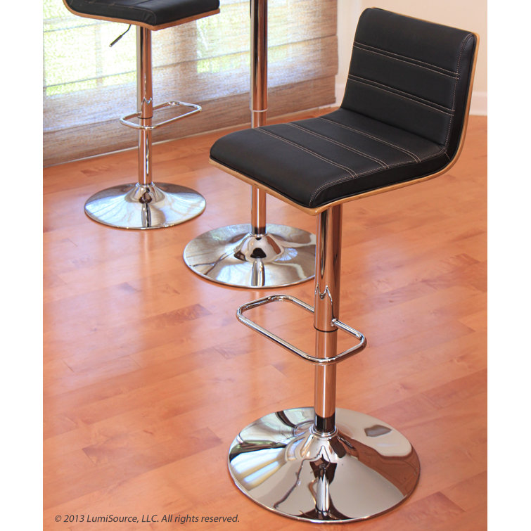 Vasari Adjustable Black Leather and Walnut Swivel Bar Stool