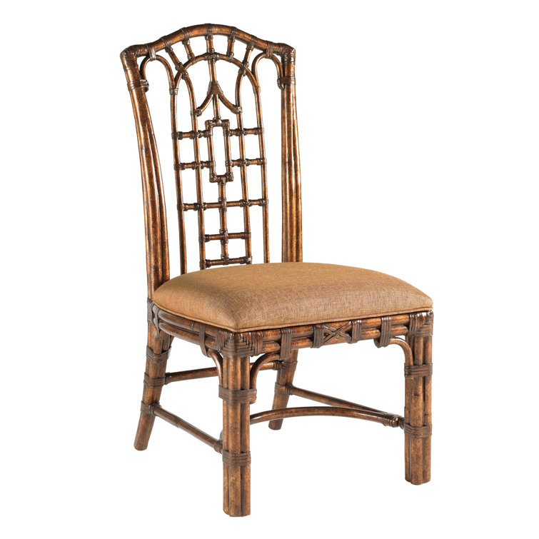 Transitional Golden Tortoiseshell Rattan Side Chair with Coral Seat
