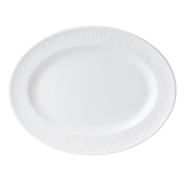 White Ceramic Oval Platter with Embossed Rim, 15.25"