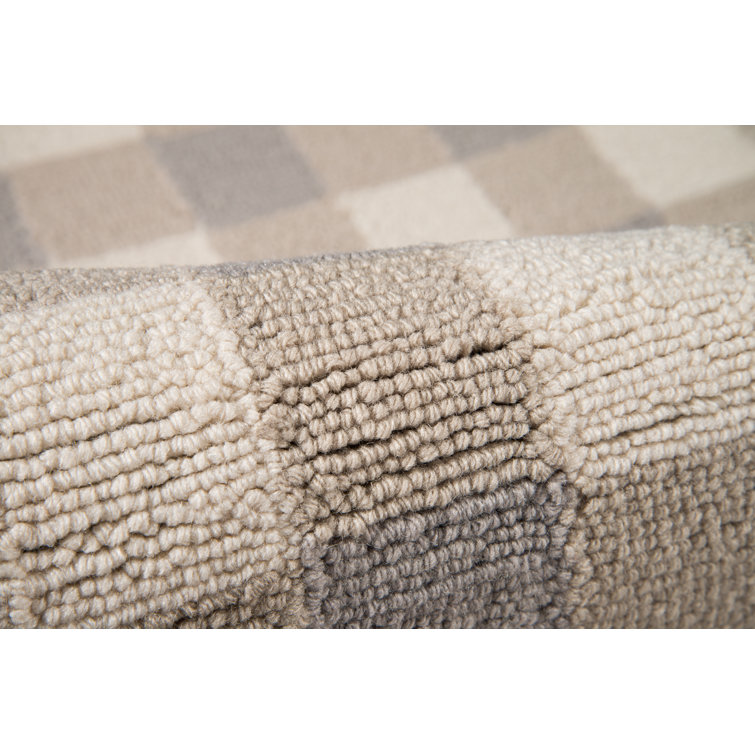 Gray and Beige Handmade Wool Checkered Runner Rug