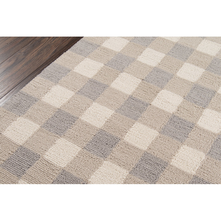 Gray and Beige Handmade Wool Checkered Runner Rug