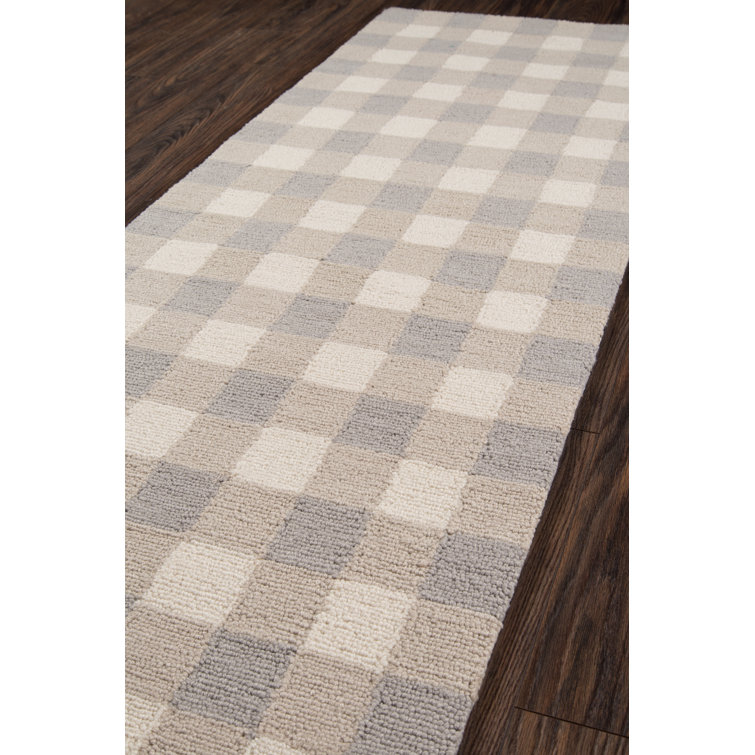 Gray and Beige Handmade Wool Checkered Runner Rug