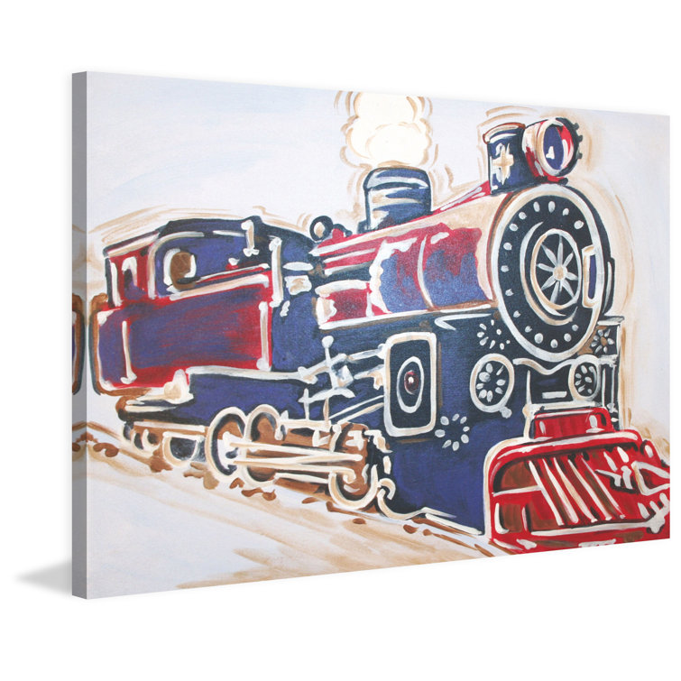 Vintage Blue and Red Locomotive Canvas Art for Kids' Nursery