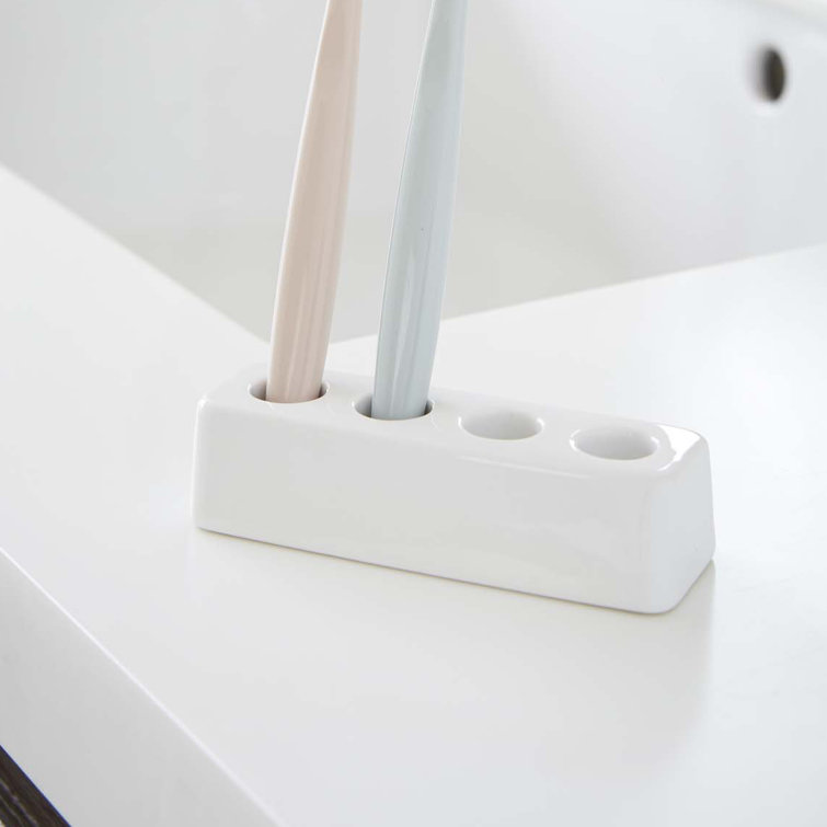 White Ceramic Toothbrush Stand with Wood Accents