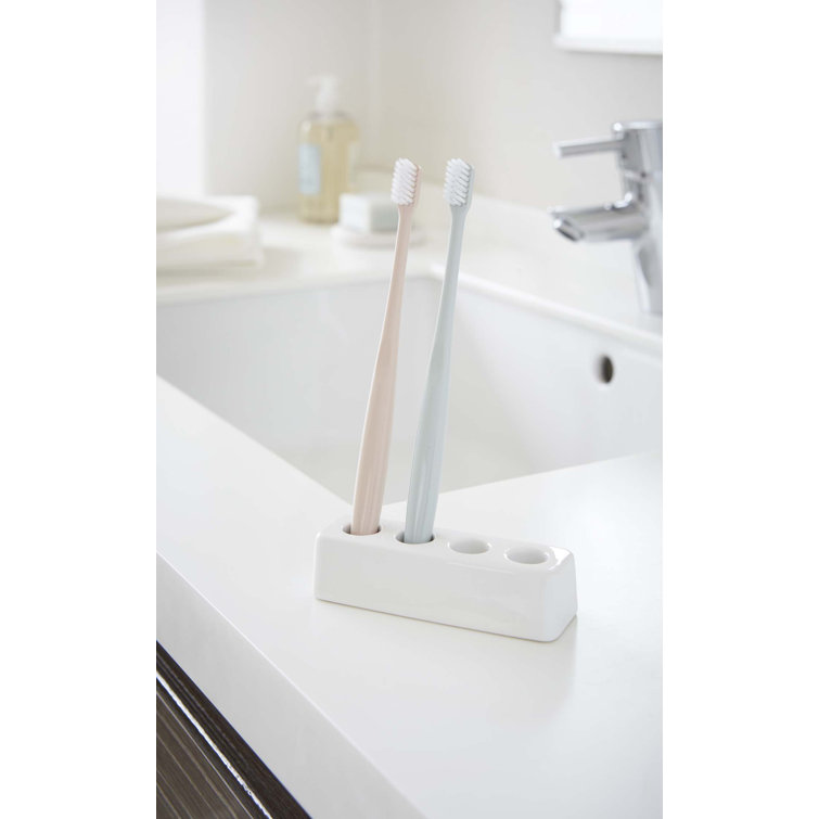 White Ceramic Toothbrush Stand with Wood Accents