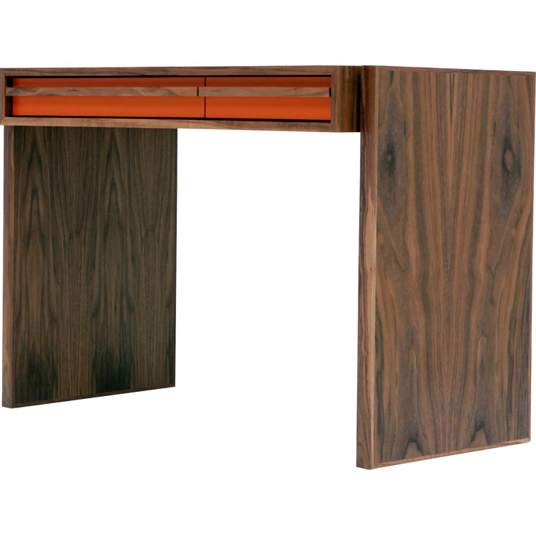 Orange and Walnut Compact Desk with Two Drawers