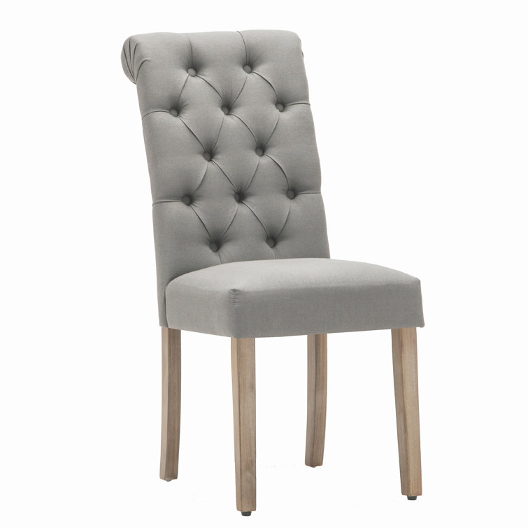 Sophisticated Grey Linen and Weathered Wood Tufted Dining Chair (Set of 2)