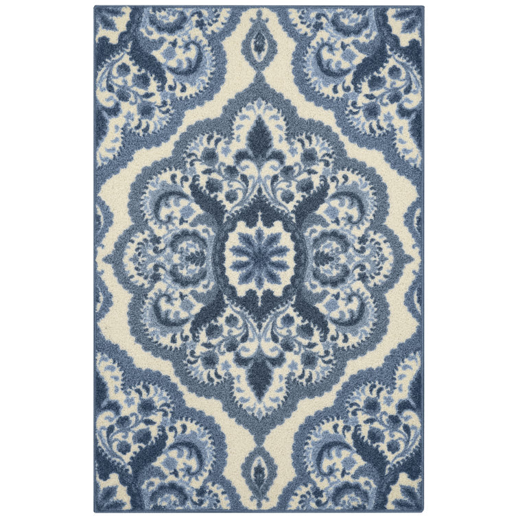 Vivian Blue Floral Tufted Washable Rectangular Rug