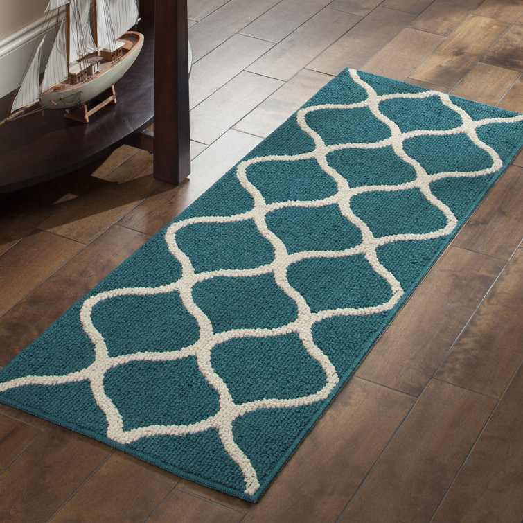 Teal and Beige Synthetic Tufted Shag Runner Rug