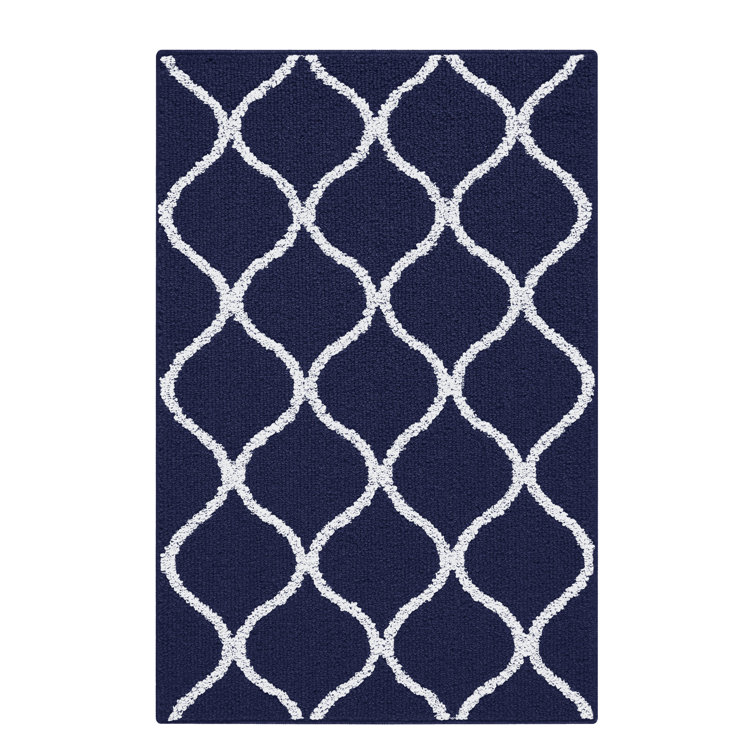 Navy Blue and White Tufted Geometric Indoor Rug