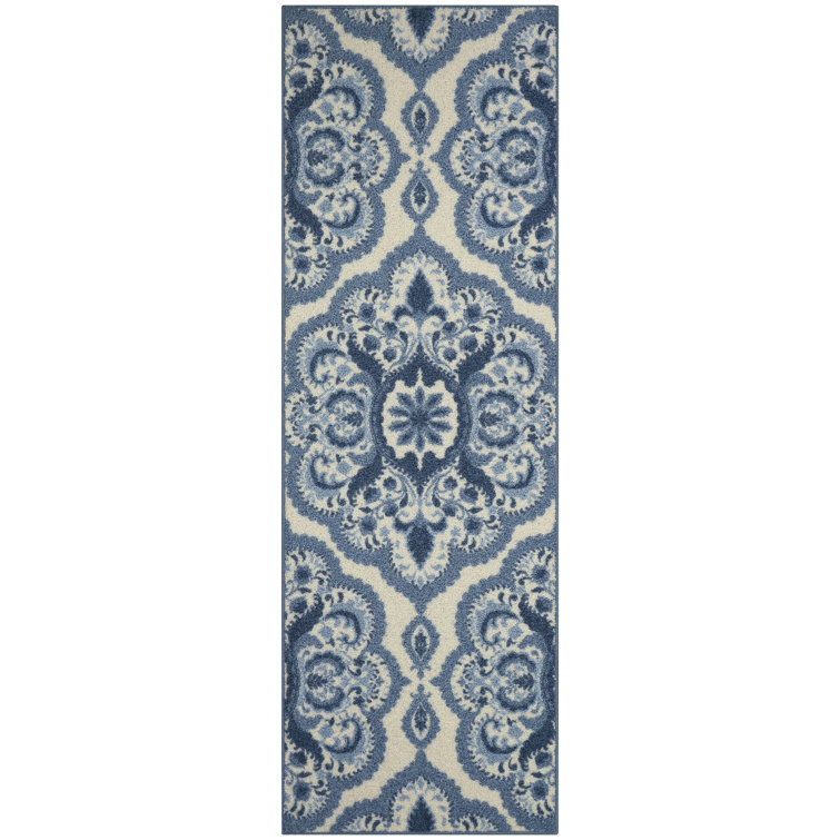 Blue and White Tufted Medallion Runner Rug, 2' x 6'