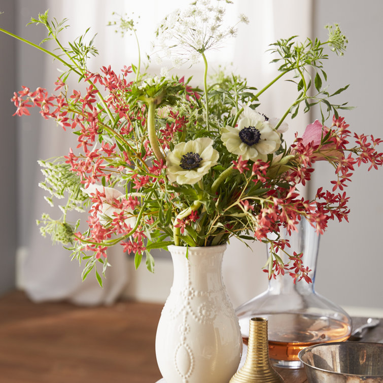White Ceramic Fluted Table Vase with Embossed Design