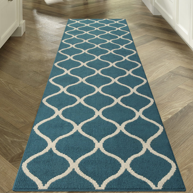 Teal and Beige Synthetic Tufted Shag Runner Rug