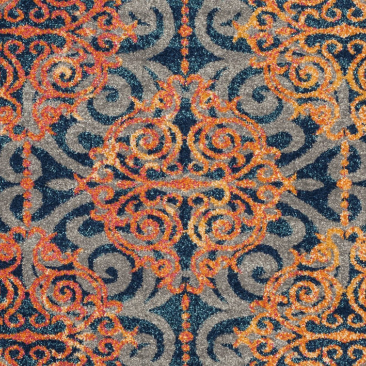 High Pile Blue and Orange Synthetic Boho Area Rug
