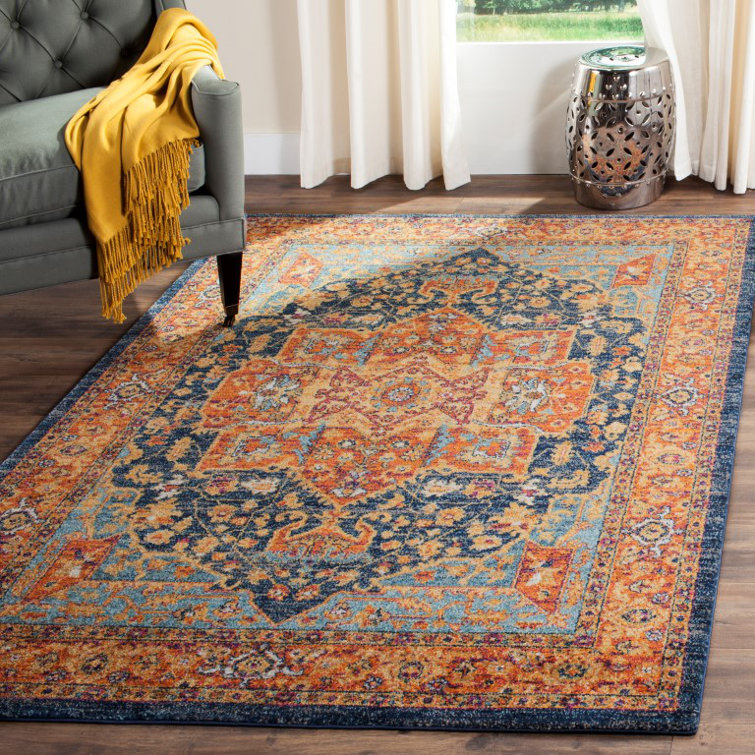 Evoke Blue and Orange Synthetic Stain-Resistant Runner Rug