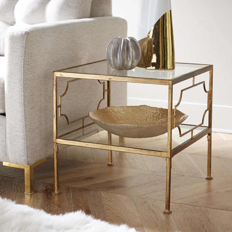 Antique Gold Leaf Square Metal and Glass End Table