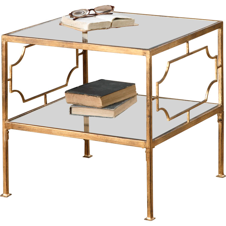 Antique Gold Leaf Square Metal and Glass End Table