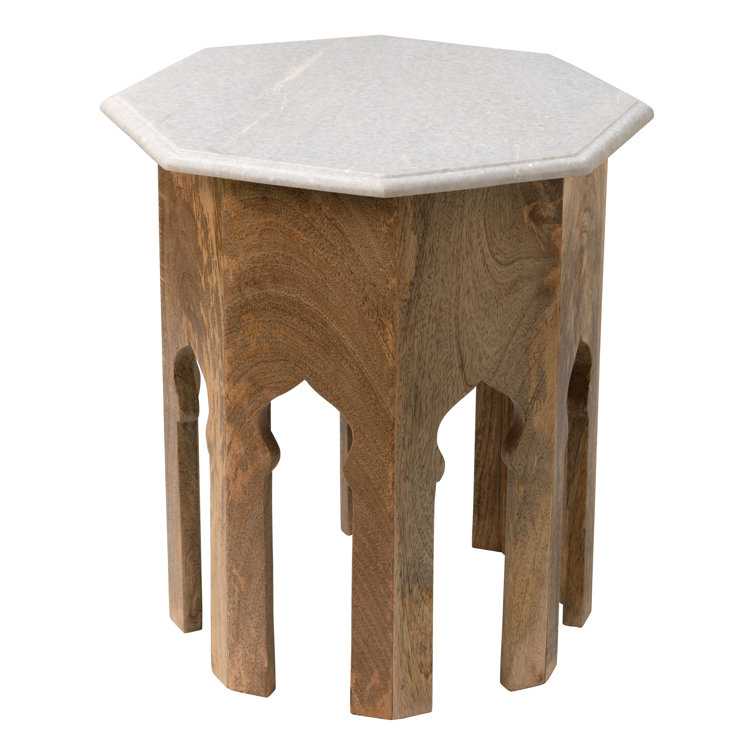 Moroccan Inspired White Marble and Wood End Table
