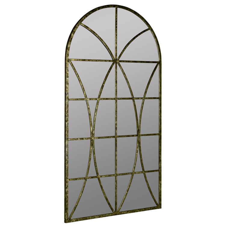 Elegant Arched Top Aged Gold Wall Mirror with Intricate Overlay