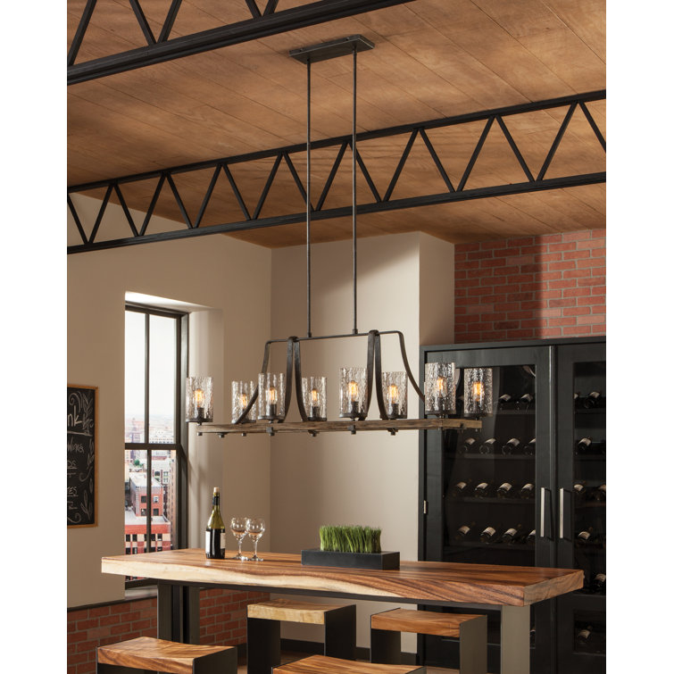 Rustic 8-Light Linear Chandelier in Distressed Weathered Oak and Slate Grey Metal