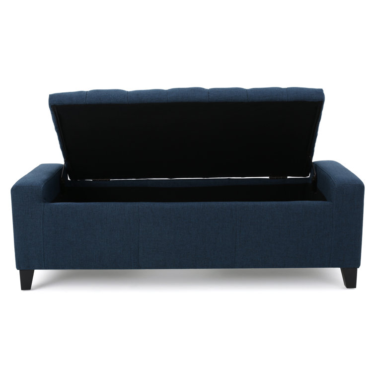 Dark Blue Tufted Fabric Storage Ottoman with Birch Legs