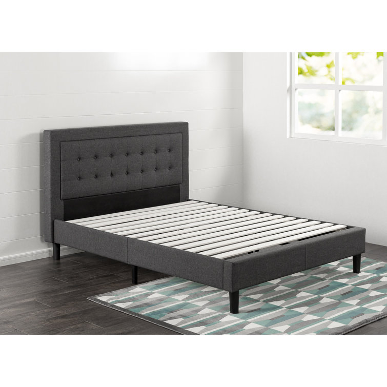 Dark Grey Queen Upholstered Platform Bed with Tufted Headboard