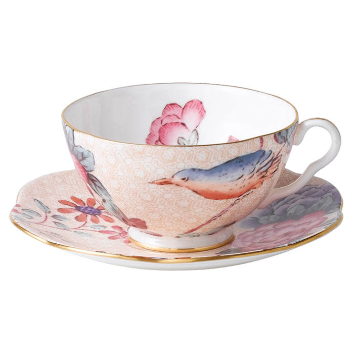 Peach Floral Fine Bone China Teacup and Saucer Set