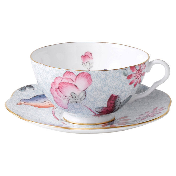 Wedgwood Cuckoo Blue Floral Porcelain Teacup and Saucer Set