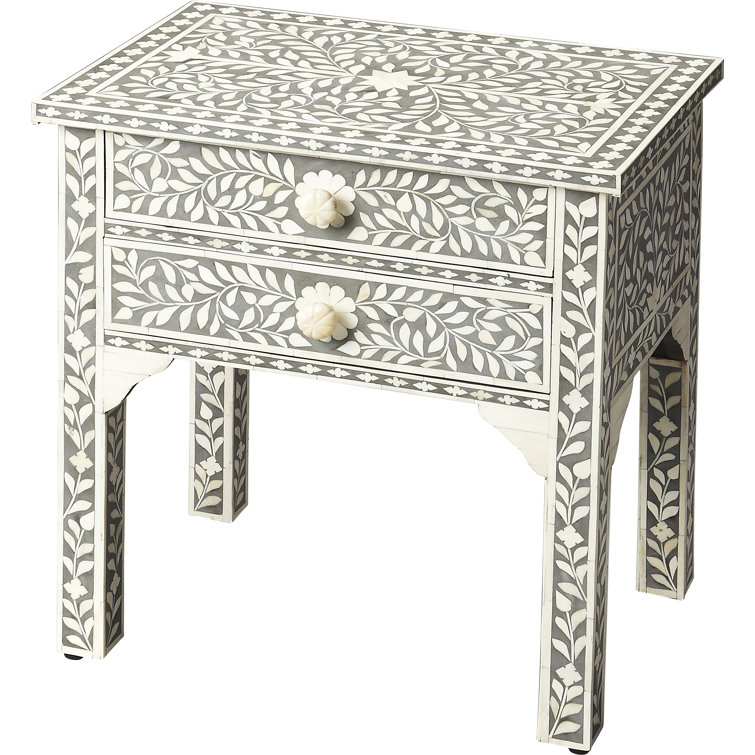 Petite Gray Bone Inlay Floral Nightstand with Storage