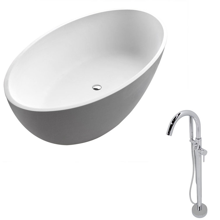 Matte White Solid Surface Freestanding Soaking Bathtub with Chrome Faucet