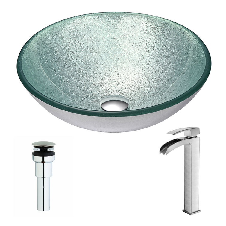 Spirito 16.5'' Churning Silver Tempered Glass Circular Bathroom Sink with Brushed Nickel Faucet