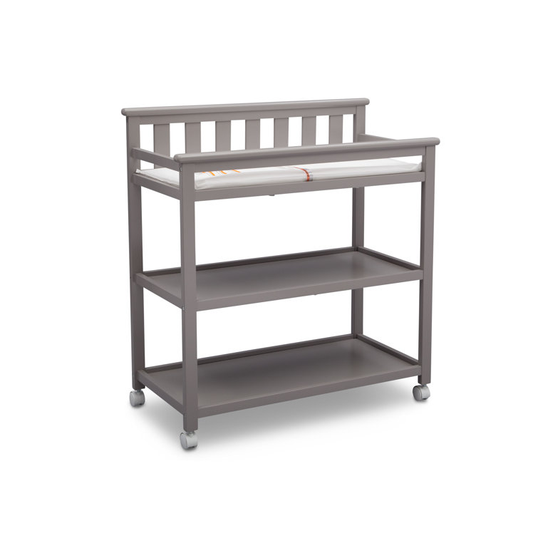 Gray Wood Changing Table with Wheels and Safety Strap