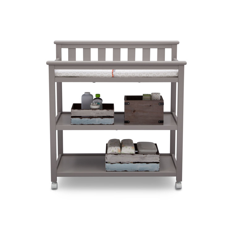 Gray Wood Changing Table with Wheels and Safety Strap