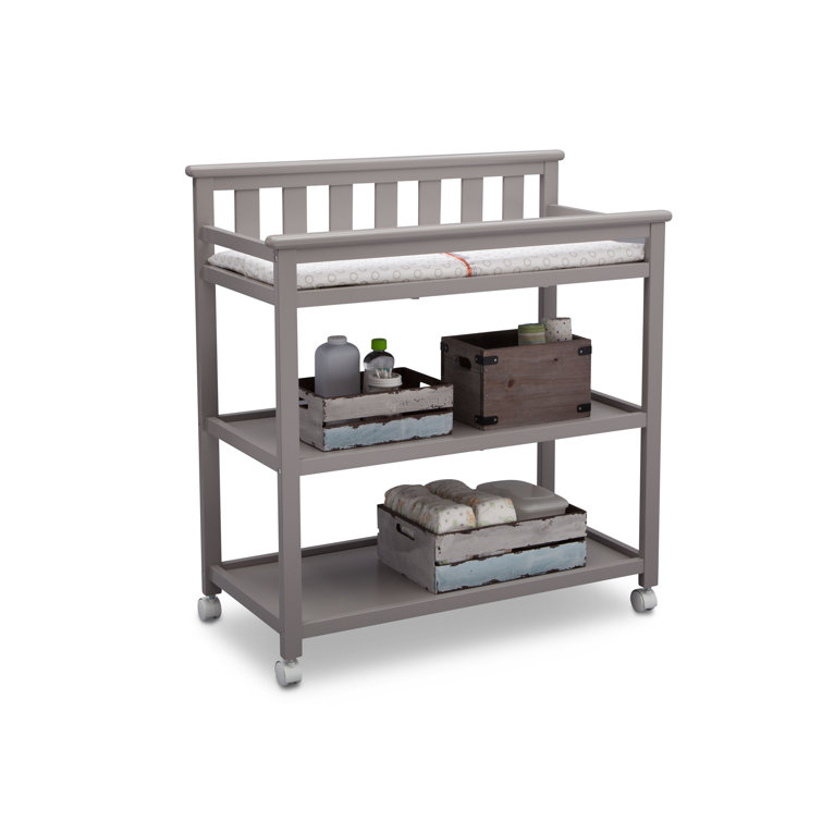 Gray Wood Changing Table with Wheels and Safety Strap